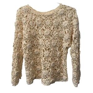 Beautiful Vintage Ivory Crochet Floral embroidery Sweater Size Small